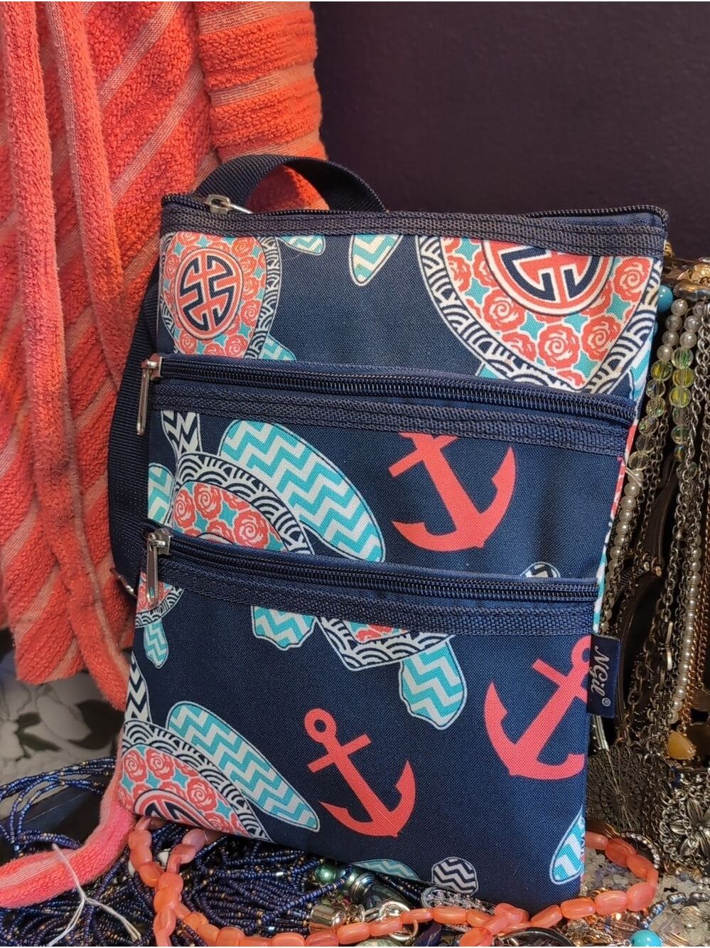Coral Sea Turtle & Anchor Print Crossbody Bag  With Floral Detail